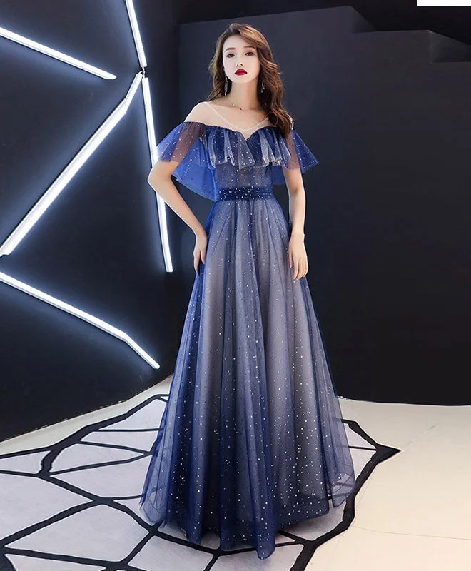 Season-End Deals Blue V Neck Tulle Long Prom Dress, Blue Tulle Evening Dress