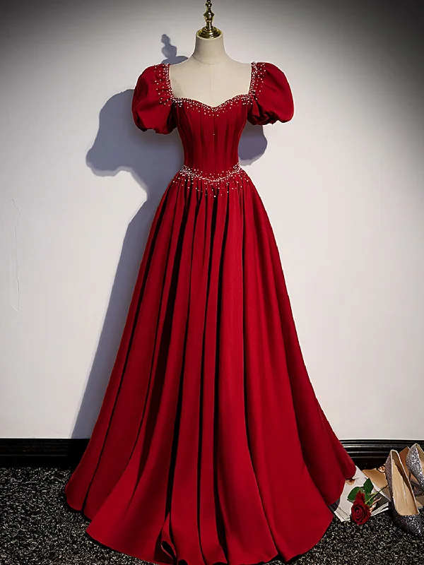 Weekend Sale Day Burgundy Satin Beads Long Prom Dresses, Burgundy Long Formal Dresses Weekend Sale Day Burgundy Satin Beads Long Prom Dresses, Burgundy Long Formal Dresses
