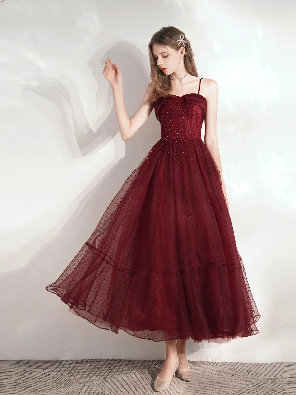 Final Clearance Aline Tea Length Burgundy Prom Dress, Burgundy Homecoming Dress