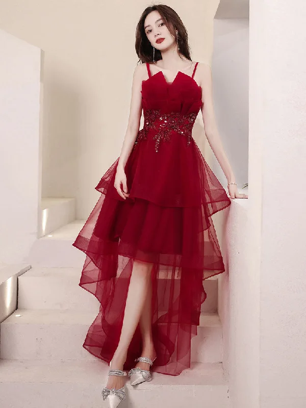 Exclusive Pricing Tulle High Low Burgundy Prom Dress, Burgundy Homecoming Dress