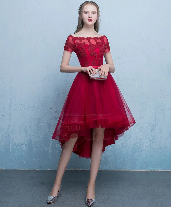 Weekend Wonders Burgundy Tulle Lace Short Prom Dress, Burgundy Homecoming Dress