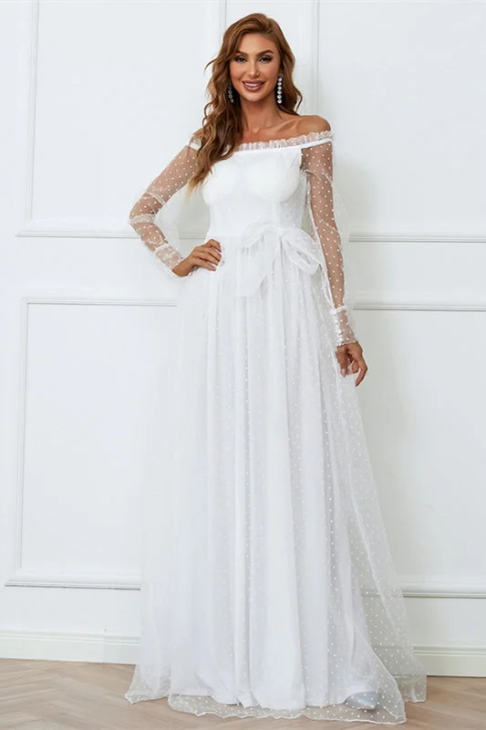 Weekend Price Slash Event Casual Long Sleeves White Tulle Long Wedding Dress