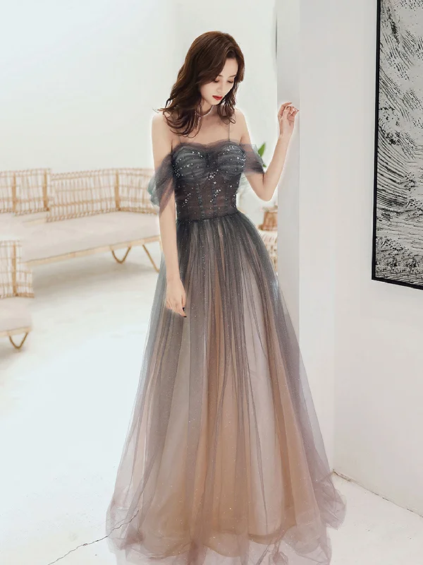 Limited Quantity Brown A line Off Shoulder Tulle Long Prom Dress, Brown Graduation Dress Limited Quantity Brown A line Off Shoulder Tulle Long Prom Dress, Brown Graduation Dress