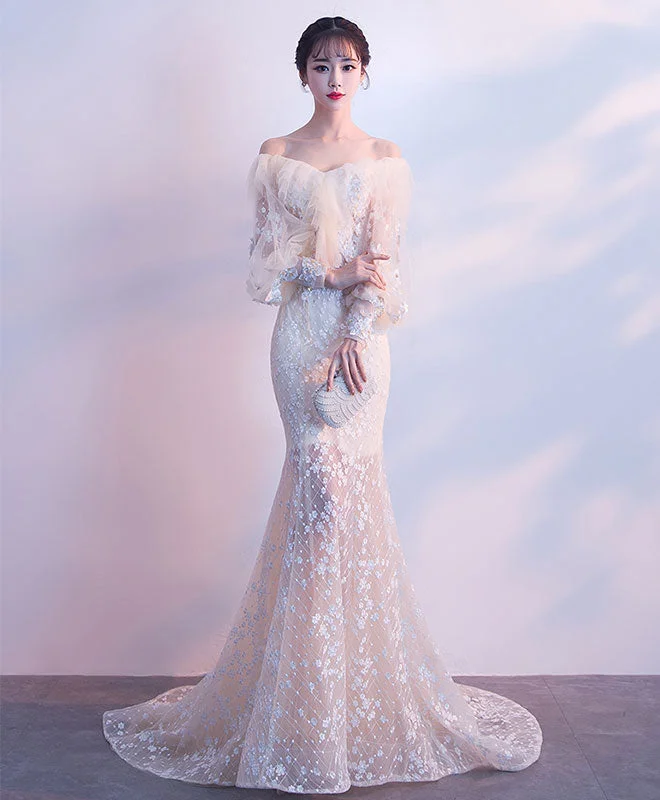 Price Slash Event Champagne Tulle Lace Mermaid Long Prom Dress, Tulle Lace Evening Dress