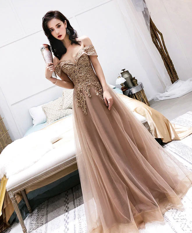 Grab Your Deal Champagne Tulle Off Shoulder Long Prom Dress, Tulle Evening Dress