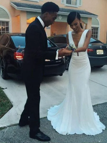 Weekend Hot Picks Cheap Wedding Dresses Sheath Short Train V neck Ivory Long Chic Beach Bridal Gown JKS272 Weekend Hot Picks Cheap Wedding Dresses Sheath Short Train V neck Ivory Long Chic Beach Bridal Gown JKS272