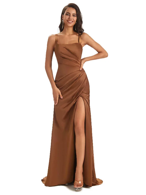 Savings Galore Soft Satin Straps Side Slit Cross Back Unique Mermaid Bridesmaid Dresses Online