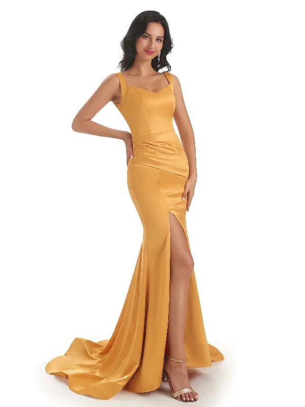 Today Only Sexy Soft Satin Side Slit Squre Straps Long Mermaid Bridesmaid Dresses Online Today Only Sexy Soft Satin Side Slit Squre Straps Long Mermaid Bridesmaid Dresses Online