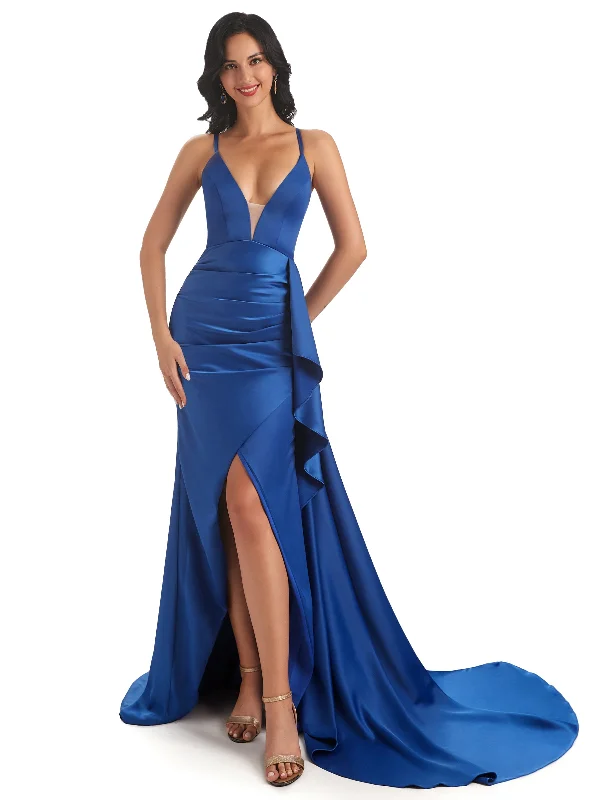 Weekend Special Sale Sexy Spaghetti Straps Soft Satin Side Slit Pleats Unique Mermaid Bridesmaid Dresses Weekend Special Sale Sexy Spaghetti Straps Soft Satin Side Slit Pleats Unique Mermaid Bridesmaid Dresses