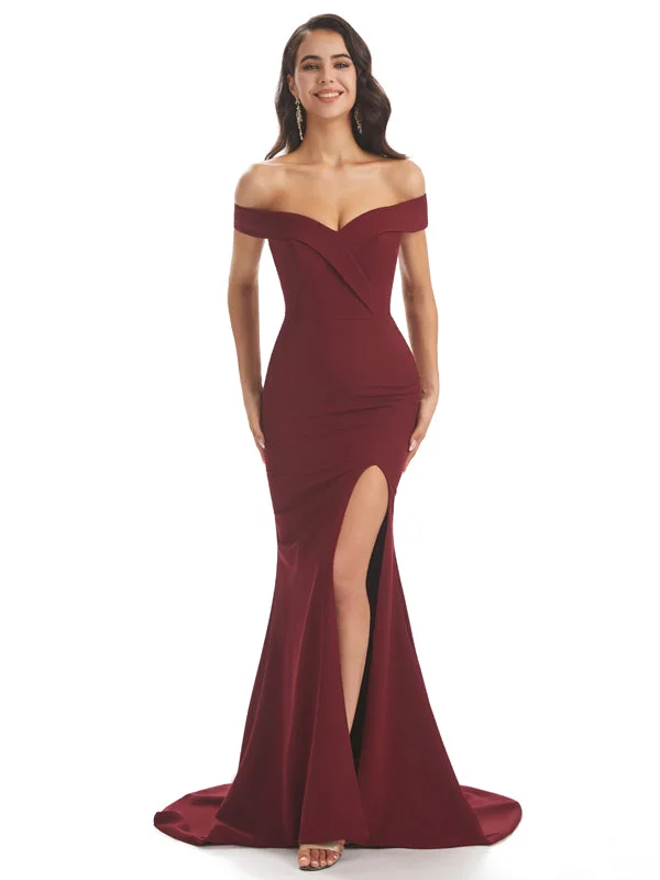 Sexy Soft Satin Off Shoulder Side Slit Floor-Length Long Mermaid Bridesmaid Dresses