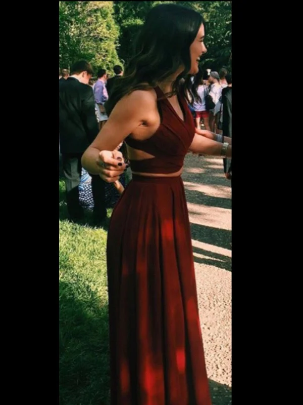 Limited Time Only Custom Made A Line 2 Pieces Maroon Prom Dresses, 2 Pieces Maroon Bridesmaid Dresses