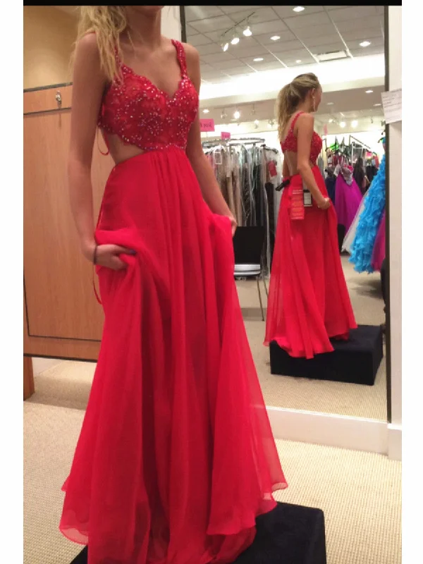 Exclusive Deals Custom Made A Line Backless Lace Red Prom Dresses, Lace Formal Dresses, Bridesmaid Dresses