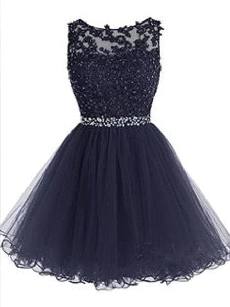 Hot Sale Items Custom Made A Line Round Neck Lace Short Navy Blue Prom Dresses, Short Navy Blue Homecoming Dresses, Formal Dresses