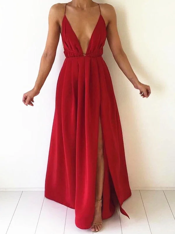 Unseen Savings Custom Made A Line V Neck Backless Floor Length Red Prom Dresses, Bridesmaid Dresses, Formal Dresses