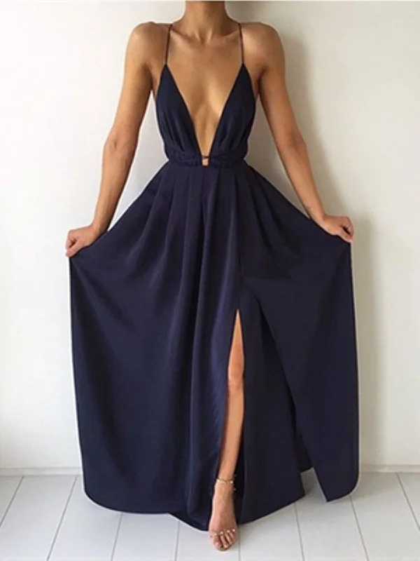 Shop Now and Save Custom Made A Line V Neck Backless Navy Blue Prom Dresses, Navy Blue Formal Dresses