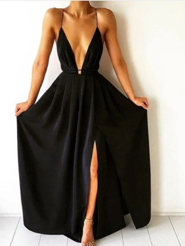 Grab It Now Custom Made A Line V Neck Black Backless Prom Dresses, Black Backless Formal Dresses, Black Backless Bridesmaid Dresses
