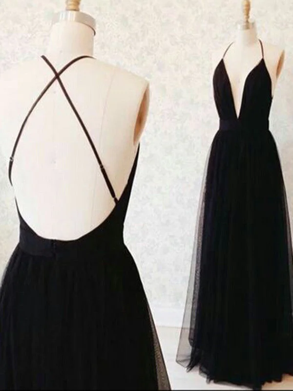 Massive Price Cuts Custom Made A Line V Neck Black Backless Prom Dresses, Black Backless Formal Dresses, Bridesmaid Dresses