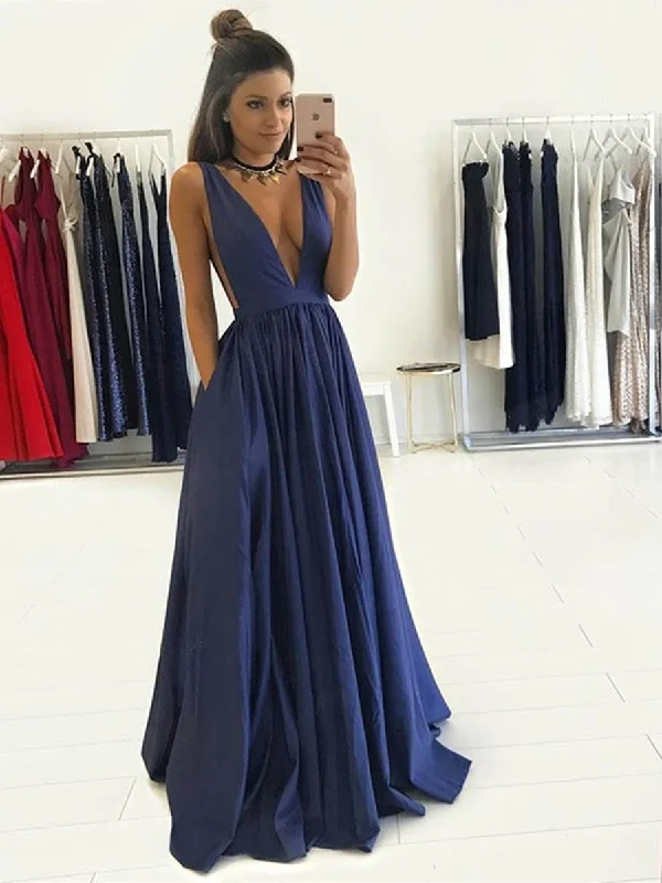 Exclusive Flash Sale Custom Made A Line V Neck Deep Blue Sleeveless Long Prom Dresses, Deep Blue V Neck Formal Dresses