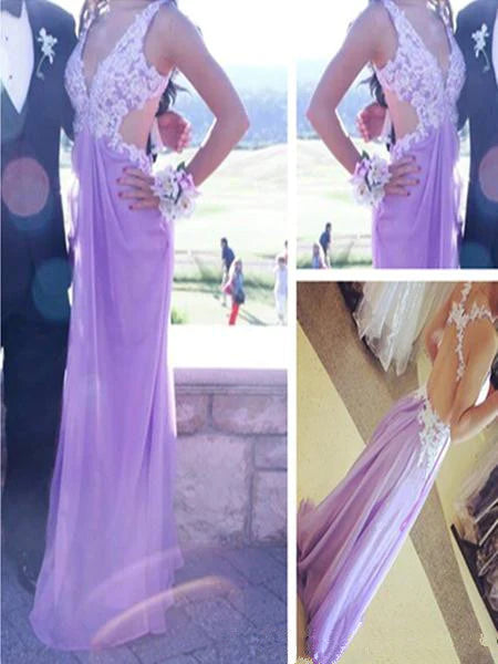 Seasonal Sale Custom Made A Line V Neck Open Back Light Purple Lace Prom Dresses, Backless Lilac Lace Formal Dresses, Bridesmaid Dresses
