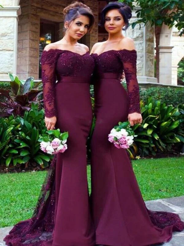 Massive Sale Event Custom Made Off Shoulder Maroon Long Sleeves Mermaid Lace Prom Dresses, Burgundy Lace Bridesmaid Dresses, Formal Dresses