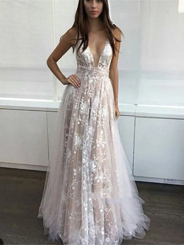 Custom Made V-Neck Lace Long Prom Dresses, Wedding Dresses, Lace Evening Dresses