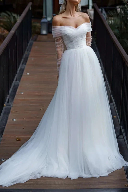 Detachable Off-Shoulder Tulle A-Line Empire Long Wedding Dress