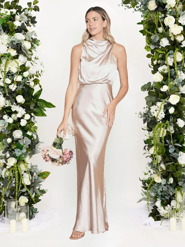 Weekend Flash Deals Drape Neck Maxi Satin Dress / Champagne
