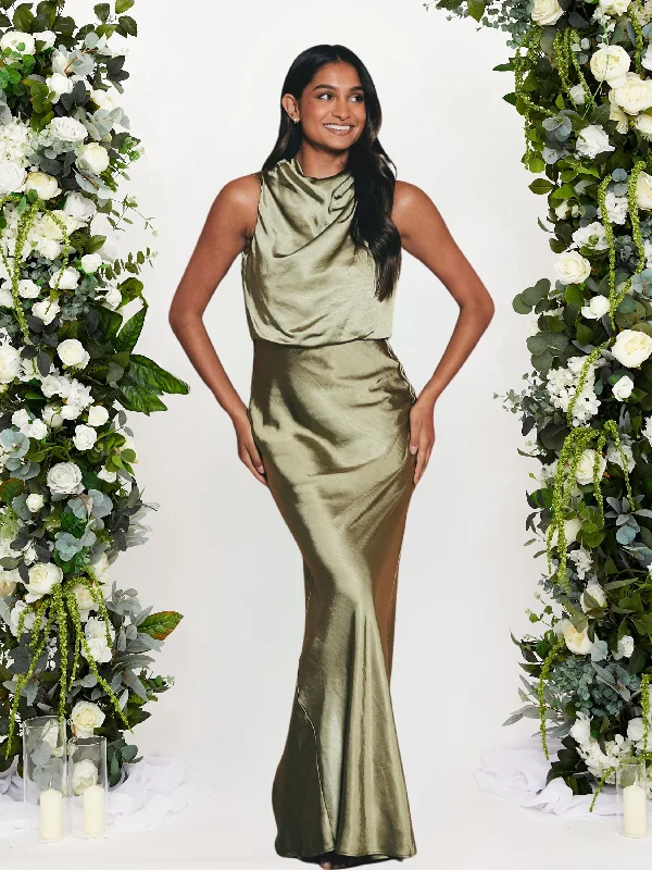 Big Savings Drape Neck Maxi Satin Dress / Olive