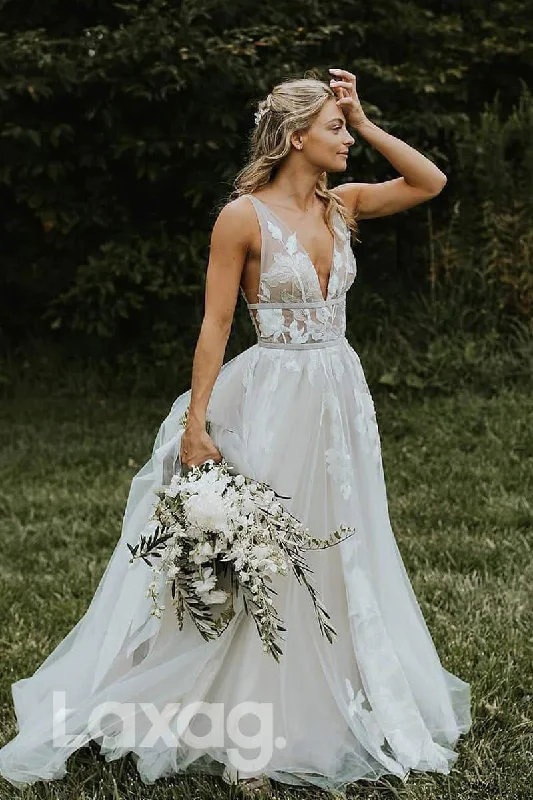 Season-End Deals 12562 - Floral Appliqued V-Neck Sheer Open-Back Wedding Dress