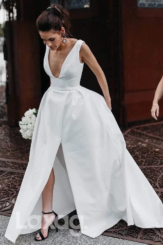 Special Shopping Event 12563 - Couture Deep V-Neck Satin Draped Bridal Dress With Side Slit Special Shopping Event 12563 - Couture Deep V-Neck Satin Draped Bridal Dress With Side Slit