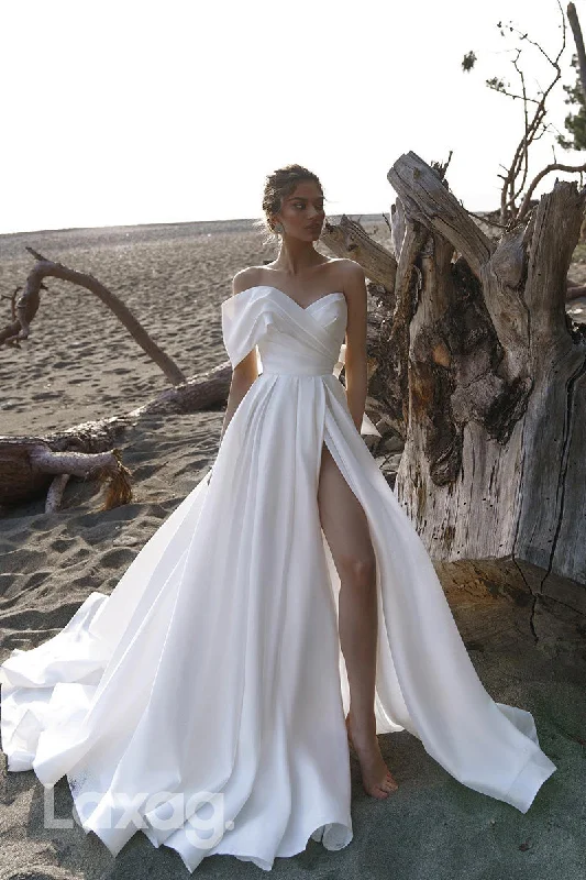 Shop & Save Now 12569 - Long Off-Shoulder Sweetheart Split Wedding Dress