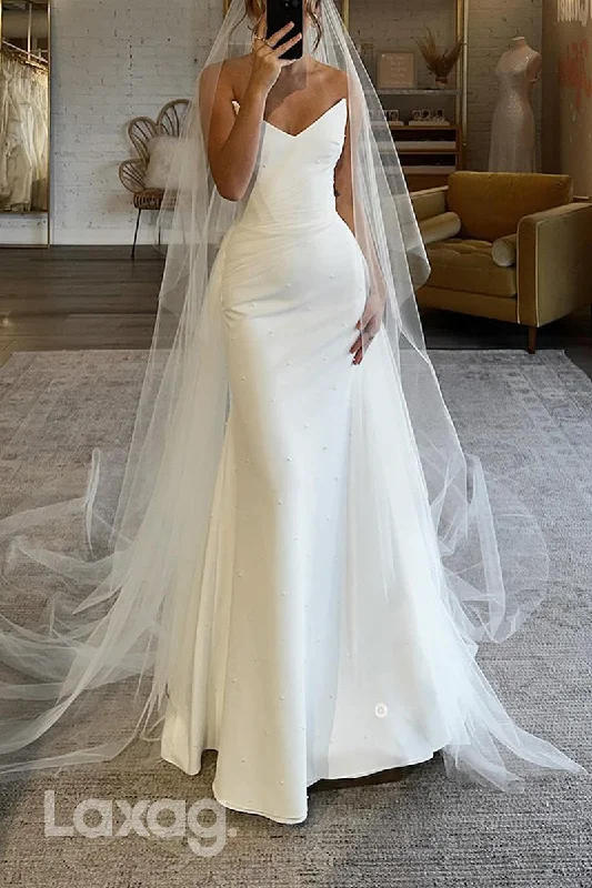 23024 - Straplesss V-Neck Beaded Sleek Satin Elegant Wedding Dress with Tulle Train