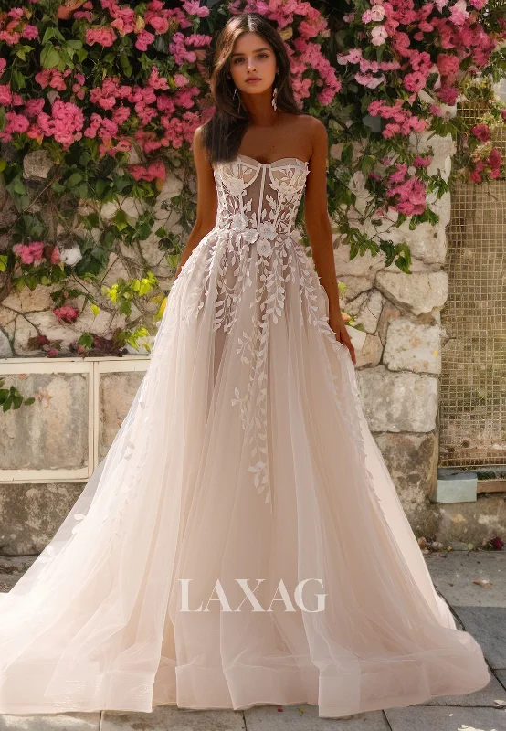 A-Linie Straplesss Lace Tulle Elegant Wedding Dress with Train