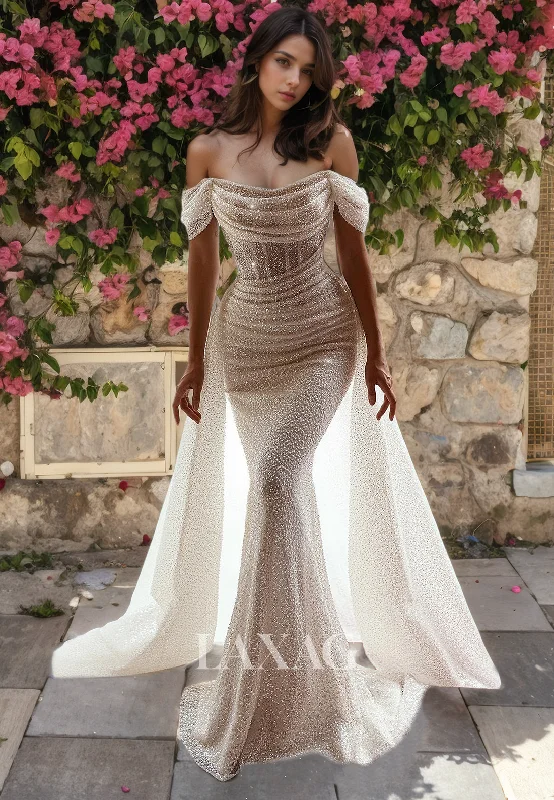 Off Shoulder Glitter Sleek Satin Elegant Mermaid Wedding Dress with Train