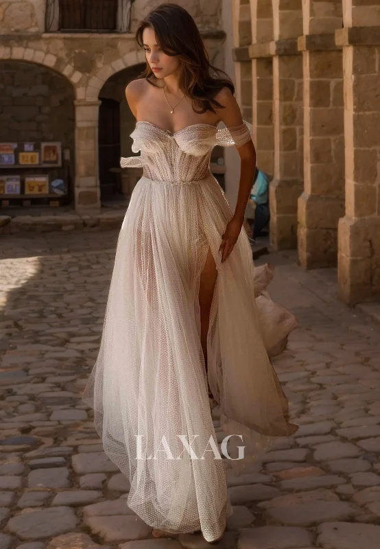 Off Shoulder Sweetheart Tulle illsuion High Slit Elegant Wedding Dress with Train