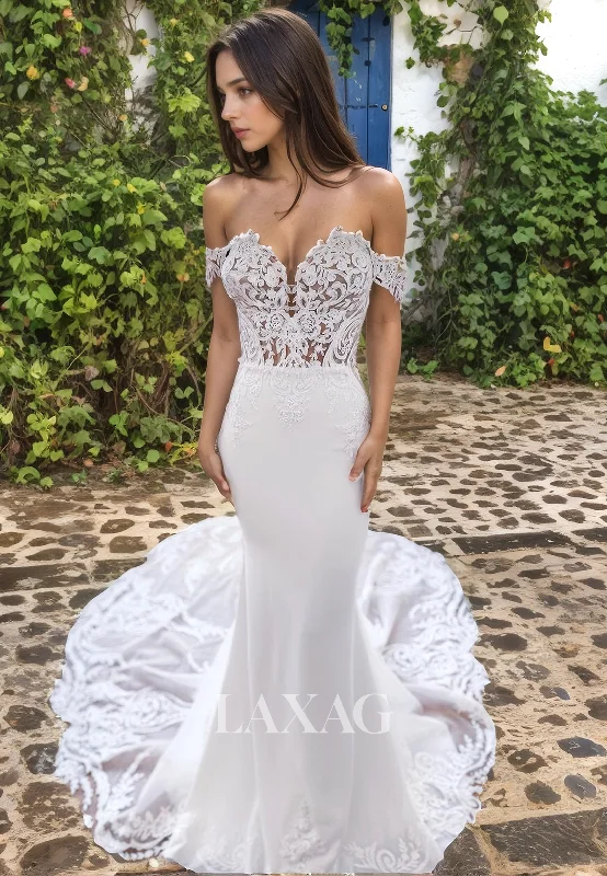 Off Shoulder Sweetheart Lace Appliques Tulle Mermaid Wedding Dress with Train