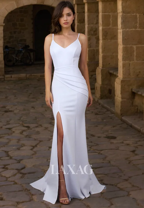 Spaghetti Straps Sleek Satin Mermaid Elegant Wedding Dress with Slit and Train