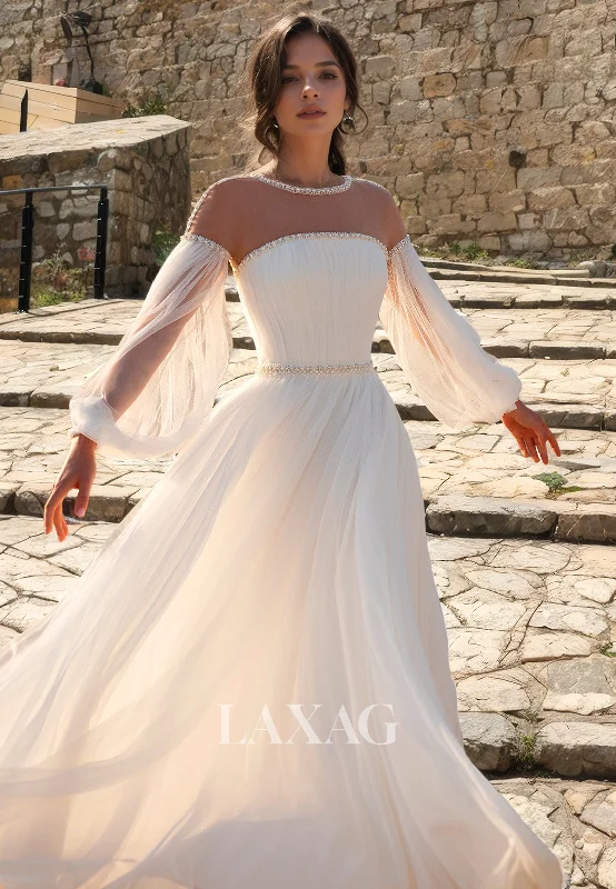 A-Linie Long Sleeves Tulle Beaded illsuion Elegant Wedding Dress with Train