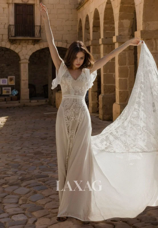 Weekend Closeout Deals V-Neck Short-Sleeves Lace A-Line Wedding Dress Backless with Train Bride Dress Weekend Closeout Deals V-Neck Short-Sleeves Lace A-Line Wedding Dress Backless with Train Bride Dress