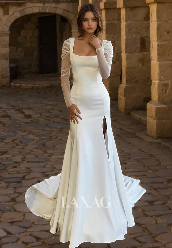 Square Long Sleeves Sleek Satin Elegant Wedding Dress with Slit and Train