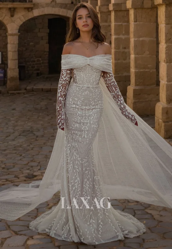 Off Shoulder Long Sleeves Tulle Lace Elegant Wedding Dress with Train