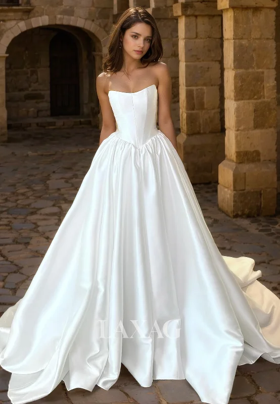 A-Line Strapless Sleek Satin Elegant Wedding Dress with Train