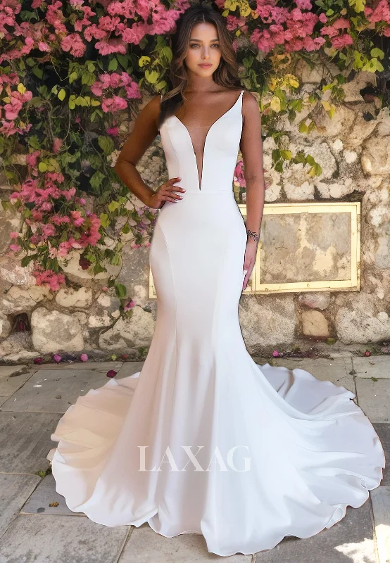 Weekend Top Offers Straps Low V-Neck Backless Sleek Satin Mermaid Wedding Dress with Train Weekend Top Offers Straps Low V-Neck Backless Sleek Satin Mermaid Wedding Dress with Train