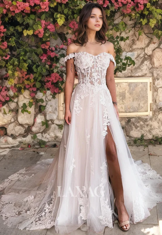 Weekend Steals and Deals A-Line Off Shoulder Tulle Lace Appliques High Slit Wedding Dress with Train Weekend Steals and Deals A-Line Off Shoulder Tulle Lace Appliques High Slit Wedding Dress with Train