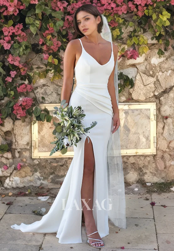 Weekend Wonders Spaghetti Straps Backless Mermaid Sleek Satin High Slit Wedding Dress with Train Weekend Wonders Spaghetti Straps Backless Mermaid Sleek Satin High Slit Wedding Dress with Train