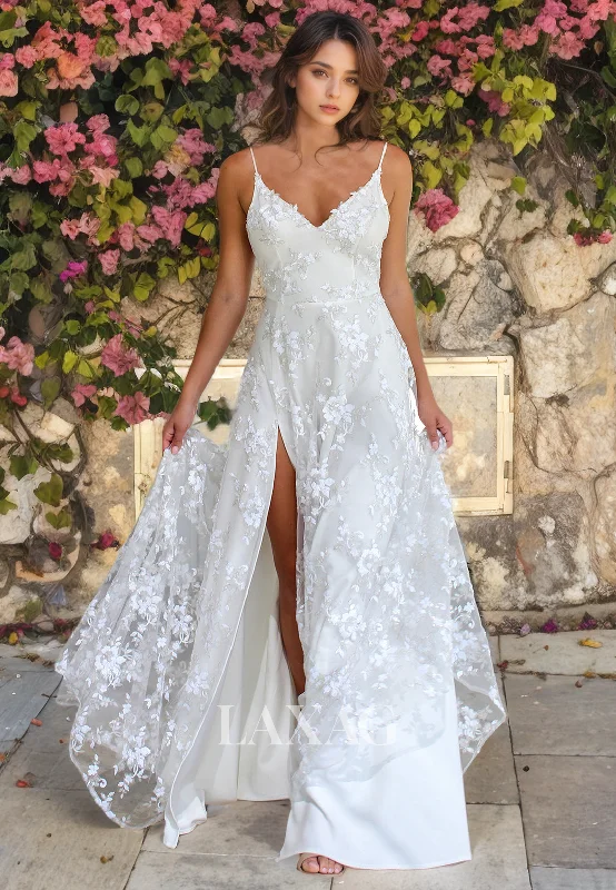Limited-Time Bargains A-Line Spaghetti Straps Lace Sleek Satin High Slit Wedding Dress with Train Limited-Time Bargains A-Line Spaghetti Straps Lace Sleek Satin High Slit Wedding Dress with Train