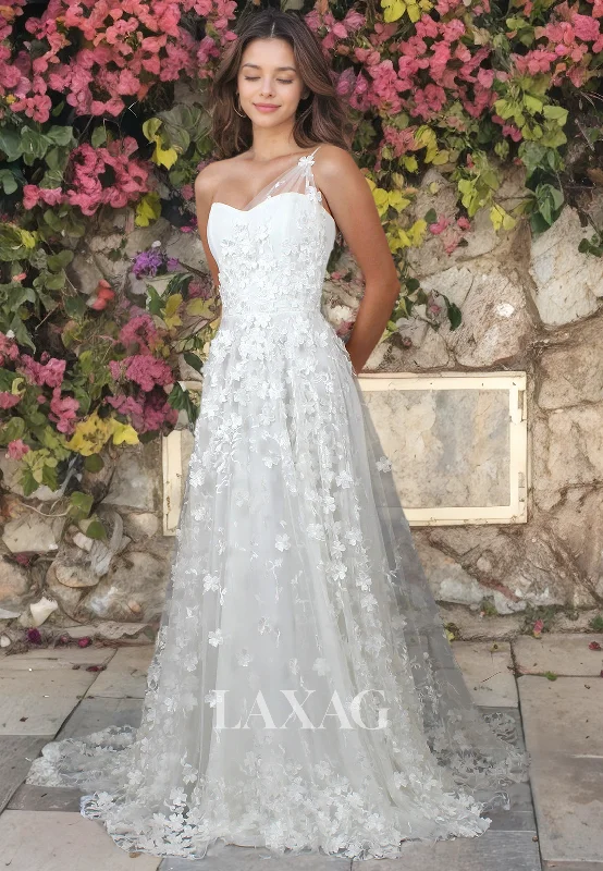 Limited Time Only A-Line One Shoulder Appliques Tulle Sleek Satin Wedding Dress with Train Limited Time Only A-Line One Shoulder Appliques Tulle Sleek Satin Wedding Dress with Train