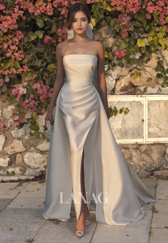 Hurry, While Stocks Last A-Line Strapless Pleated Sleek Satin High Slit Wedding Dress with Train Hurry, While Stocks Last A-Line Strapless Pleated Sleek Satin High Slit Wedding Dress with Train