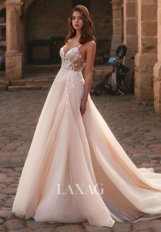 Fairytale V-Neck Chapel Train A-Line Tulle Appique Open Back Beach Wedding Dress