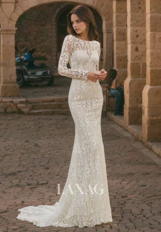 Bateau Ilusion Appique Lace High Slit Sweep Train Sheath&Column Boho Long Sleeves Wedding Dress